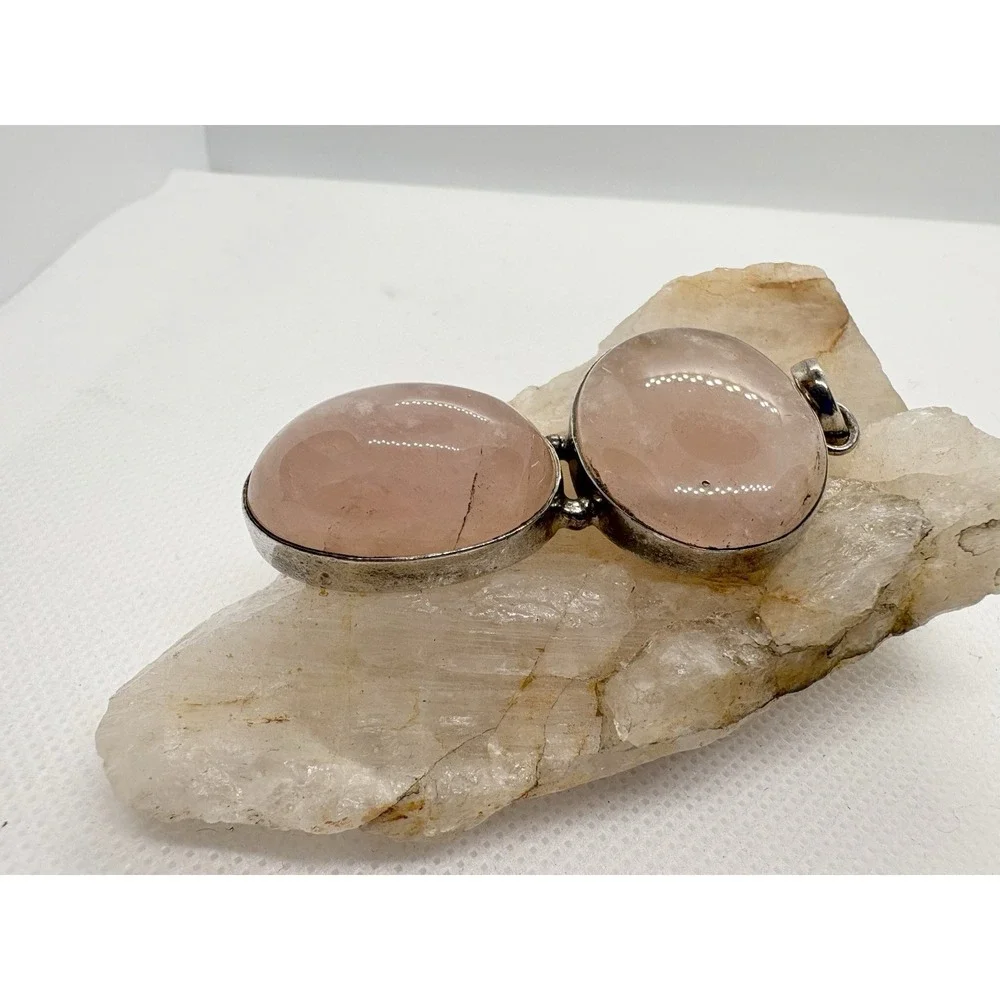 Sterling Silver Rose Quartz‎ Double Cabochon Pendant 20g Oval & Round Bezel 925